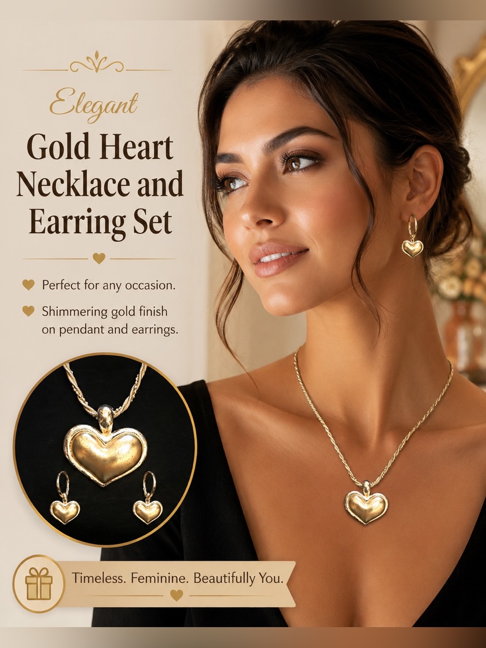 Gold Heart Necklace and Earring Set - Mother’s Day Gift